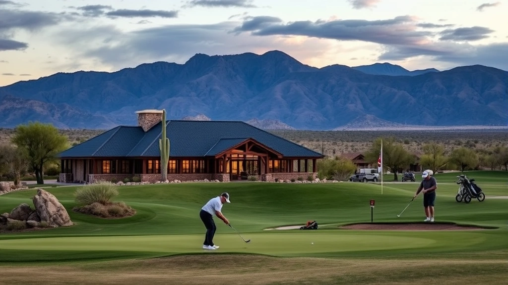 Golf course clubhouse with practice range in foreground, golfers warming up, dramatic southwestern landscape background, professional facility setting