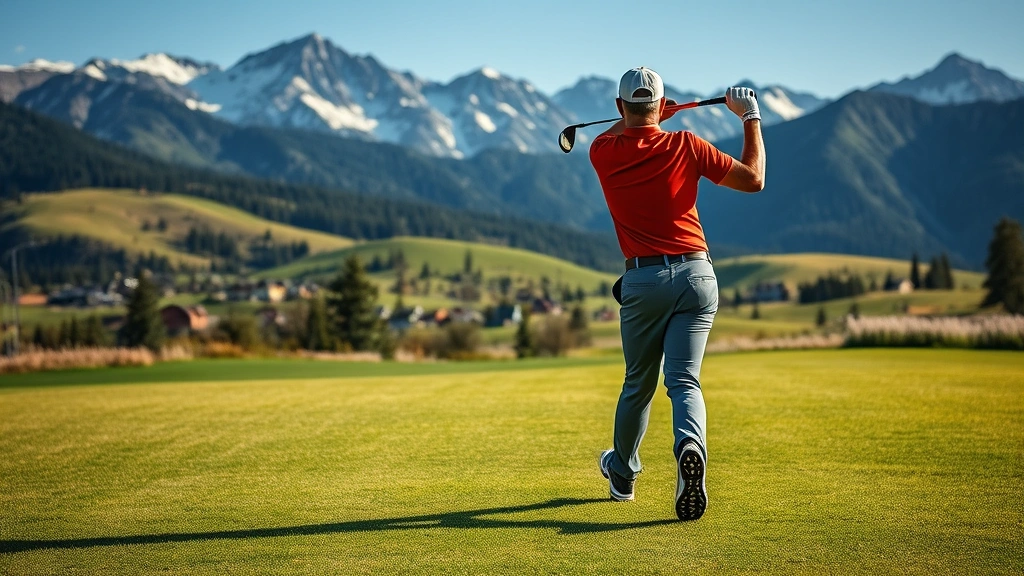 Professional golfer executing a perfect swing on manicured fairway with Colorado mountain range backdrop, natural lighting, vibrant green grass, professional golf photography style