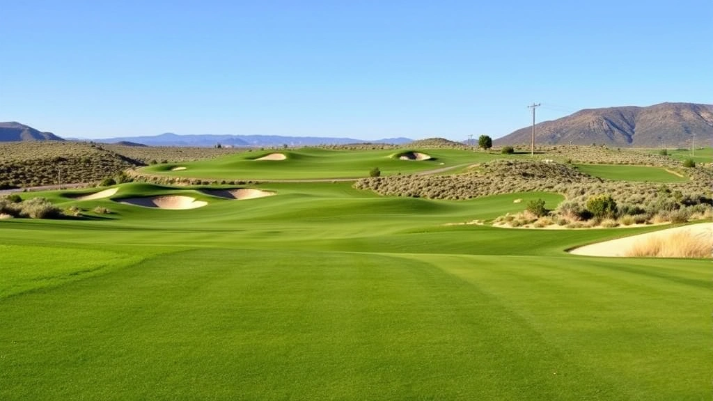 Wide landscape view of pristine golf course fairway with strategic bunkers, elevated green in distance, natural vegetation borders, clear Colorado sky, scenic course design photography