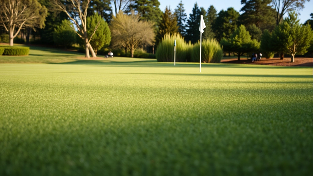 Close-up of perfectly maintained putting green with subtle slope, flag in hole, immaculate turf condition, natural landscape surroundings, professional course maintenance showcase
