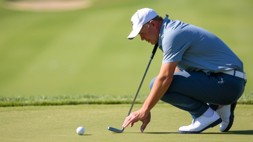 Experienced golfer on putting green reading slope and line before stroke, showing concentration and course management, manicured green with clear sight lines in background