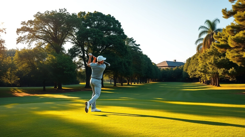 Professional golfer mid-swing on manicured fairway with mature trees lining course, morning sunlight, clear sky, vibrant green grass