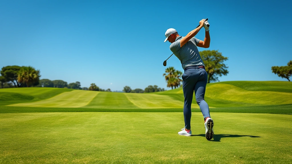 Professional golfer executing a perfect golf swing on a well-maintained fairway with lush green grass and clear blue sky, photorealistic high quality