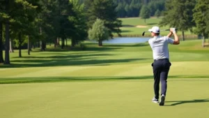Professional golfer mid-swing on a beautifully manicured fairway with trees and water hazard visible in background, natural daylight, high-quality golf course landscape