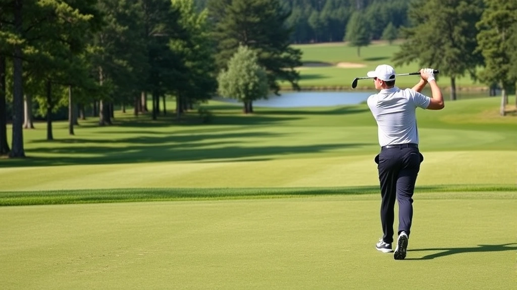 Professional golfer mid-swing on a beautifully manicured fairway with trees and water hazard visible in background, natural daylight, high-quality golf course landscape