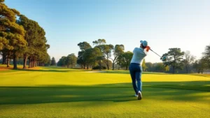 Professional golfer mid-swing on manicured fairway with mature trees lining course, morning sunlight, clear blue sky, pristine turf conditions, photorealistic