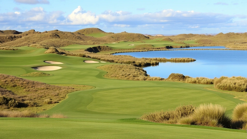 Golf course landscape showing undulating terrain, strategic bunkers, water hazard reflecting sky, natural vegetation, pristine conditions
