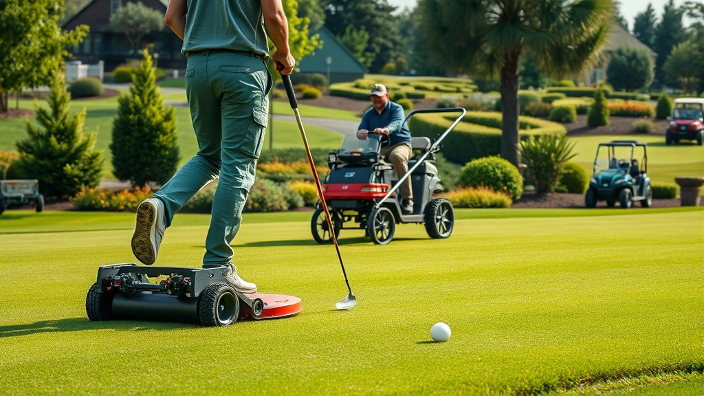 Golf course maintenance crew operating specialized turf equipment on pristine greens with manicured landscaping in background, photorealistic detail