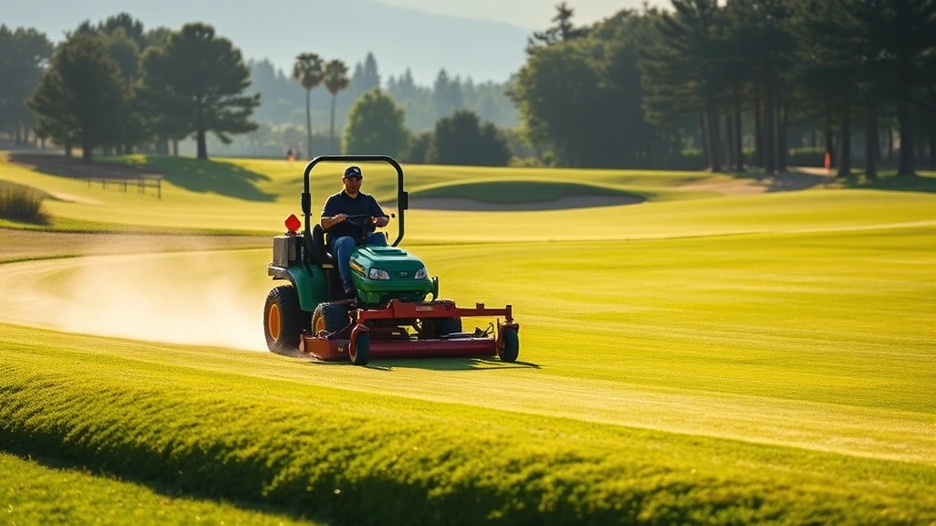 Golf course maintenance crew operating equipment on fairway, lush green grass, morning light, professional groundskeeping in action