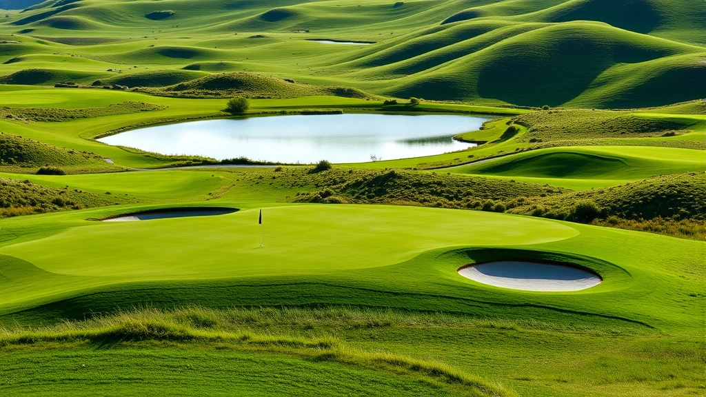 Golf course landscape showing elevated green with bunkers, water hazard reflecting sky, rolling terrain, vibrant green grass, dramatic elevation changes, professional conditioning visible