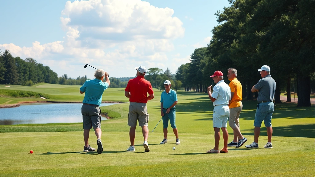 Diverse group of golfers of different ages and abilities playing together on a scenic hole with water hazard and tree-lined fairway, photorealistic