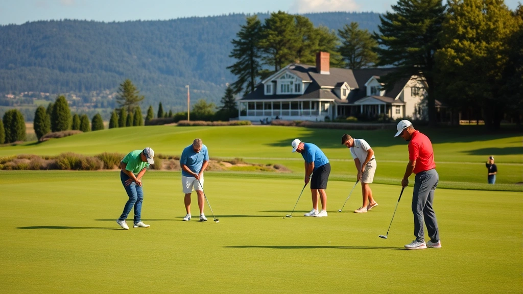 Group of diverse golfers putting on pristine green with clubhouse visible in background, scenic landscaping, natural afternoon lighting