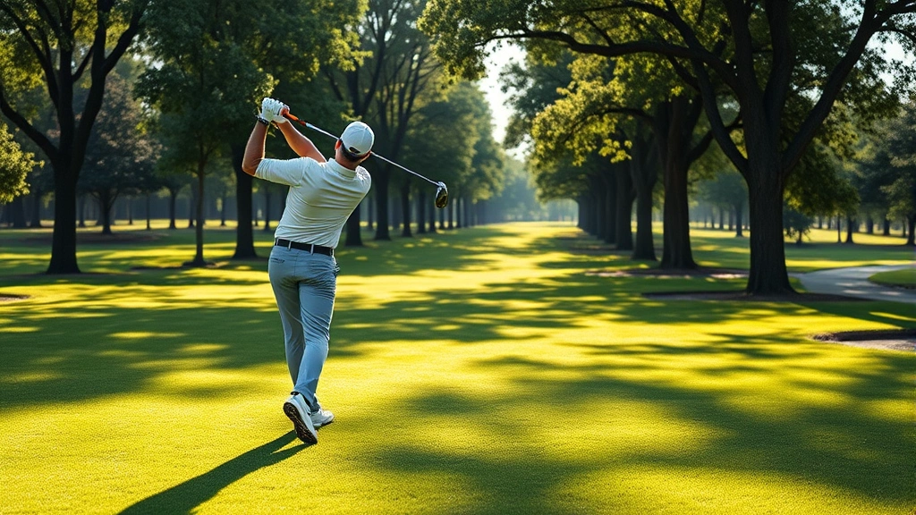 Golfer mid-swing on a well-manicured fairway with trees lining the background, morning sunlight creating natural shadows, professional form and posture visible, lush green grass texture prominent