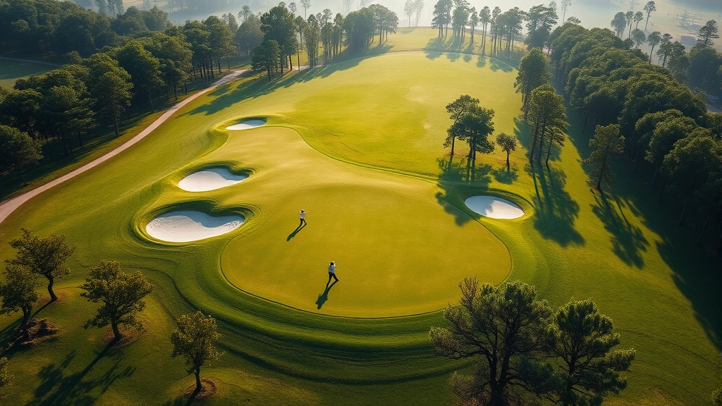 Wide aerial view of a well-designed golf hole with fairway winding through trees, bunkers strategically placed, golfers walking mid-round, natural landscape integration, morning sunlight across green grass, realistic photography