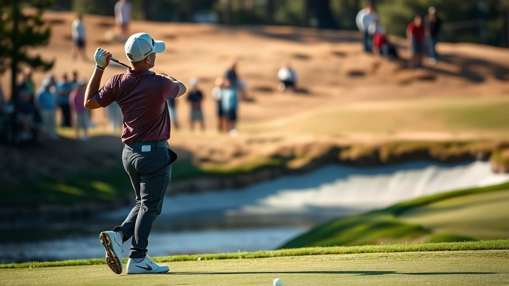 Close-up of a professional golfer mid-swing on a challenging hole with water hazard visible, natural terrain, spectators in background, dramatic lighting, authentic golf course setting, professional photography quality