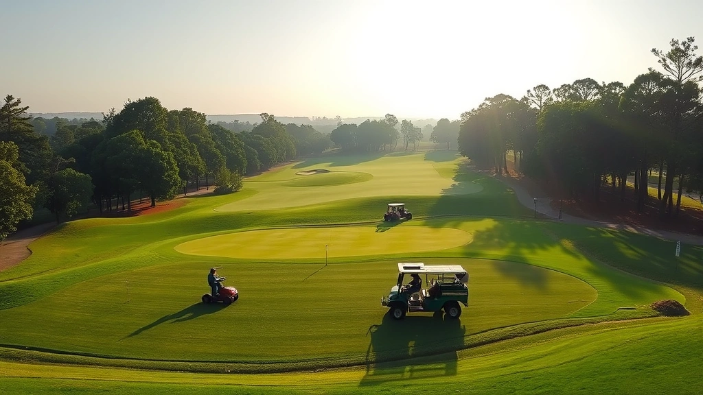 Panoramic view of golf course maintenance crew working on greens with equipment, early morning light, course conditioning visible, fairways and rough in perfect condition, realistic operational scene showing course upkeep