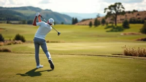 Golfer mid-swing on elevated fairway with scenic hills in background, professional form, natural daylight, realistic photography