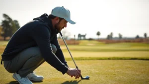 Professional golfer studying green contours and slope direction at a championship golf course, analyzing putting line with focused expression and natural daylight