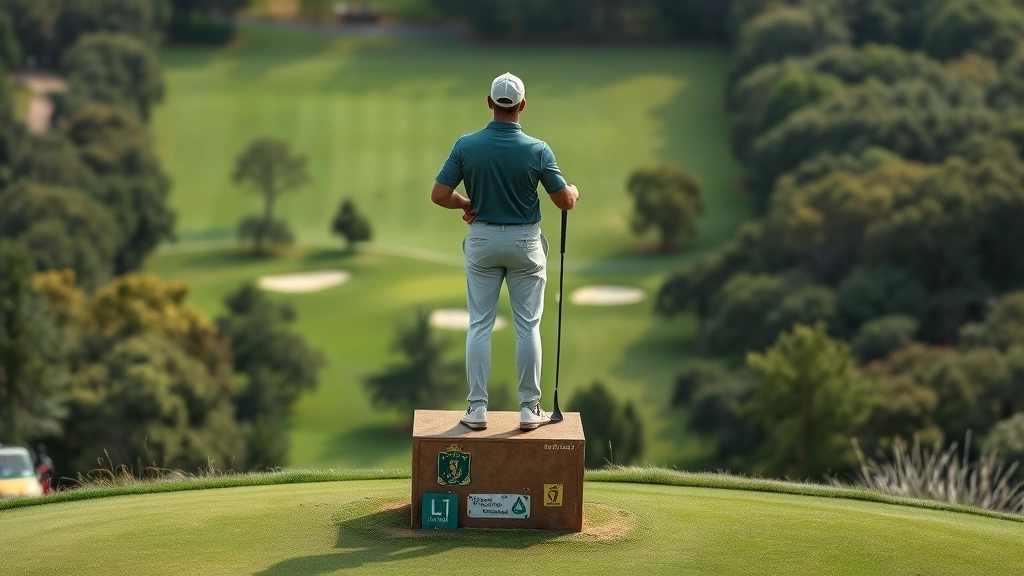 Golfer standing on elevated tee box surveying course layout below, contemplative pose reviewing strategic options, natural outdoor setting