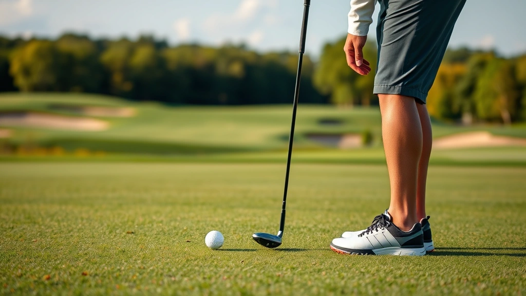 Golfer addressing golf ball on fairway during midday with course hazards visible in background, clear Maryland landscape, natural lighting, confident stance