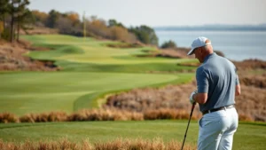 Golfer analyzing fairway slope and terrain at a Maryland golf course with elevation changes, natural rough, and water hazard in background, professional photography