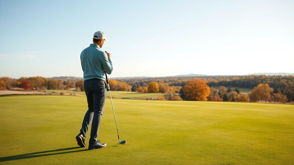 Golfer analyzing course conditions and planning strategy on fairway during autumn season with clear skies, examining terrain and wind direction