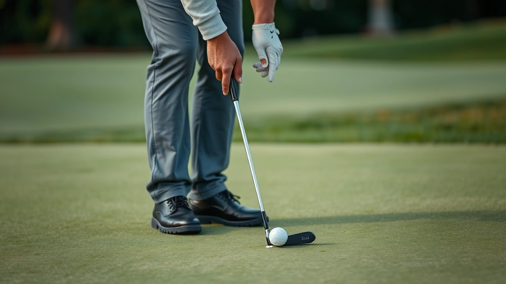 Golfer reading green with putter in hand, studying subtle breaks and contours on putting surface, concentrated expression, quality course setting