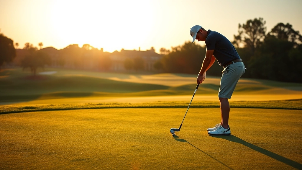 Golfer practicing putting technique on undulating green with morning light and manicured fairway in background, focused concentration, professional form