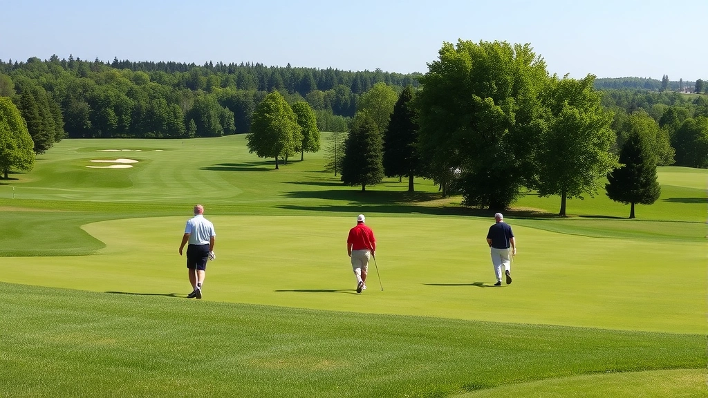 Group of golfers walking fairway at scenic Maryland golf course with natural landscape, trees, and strategic course layout visible