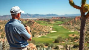 Professional golfer analyzing course layout and terrain from elevated viewpoint, studying fairway strategy and hazard placement on championship golf course with desert landscape