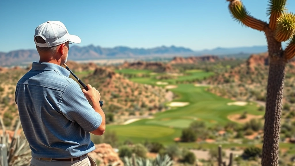 Professional golfer analyzing course layout and terrain from elevated viewpoint, studying fairway strategy and hazard placement on championship golf course with desert landscape