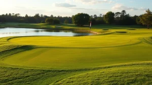 Manicured championship golf course fairway with rolling hills, pristine grass, natural water feature reflecting sky, scattered trees creating scenic backdrop, early morning light creating professional atmosphere, no people or text visible