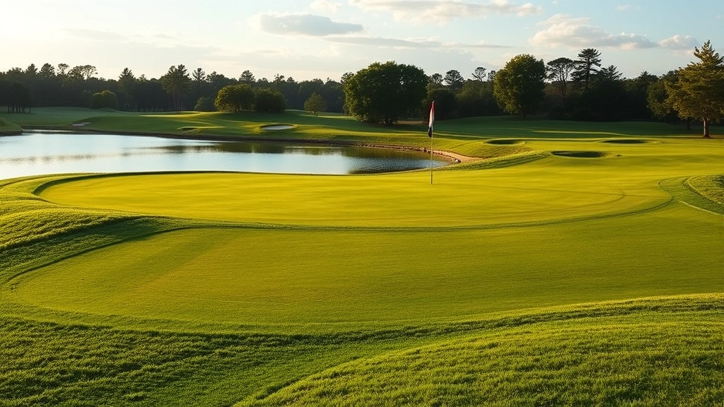 Manicured championship golf course fairway with rolling hills, pristine grass, natural water feature reflecting sky, scattered trees creating scenic backdrop, early morning light creating professional atmosphere, no people or text visible