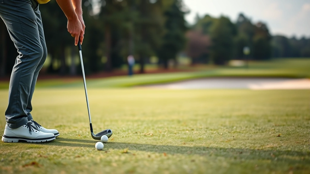 Golfer executing short game chip shot near green with sand bunker visible, demonstrating precision technique and touch from close range on championship course