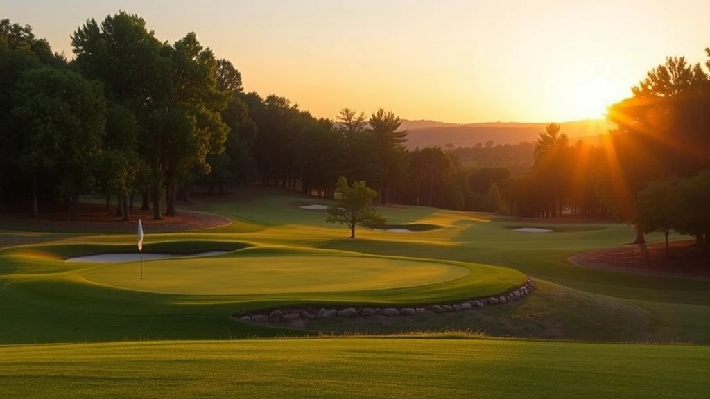 Scenic golf course landscape featuring elevated green, water hazard, mature trees, natural terrain, golden hour sunset lighting, peaceful natural setting, no players or signage, professional course maintenance visible