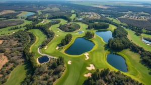 Wide aerial landscape view of a championship golf course showing multiple holes, fairways, greens, and water features nestled among natural trees and rolling terrain, bright daylight with green turf