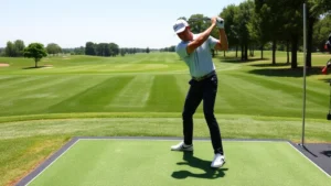 Professional golfer demonstrating proper stance and posture on practice range, showing body alignment and weight distribution during setup phase, clear sunny day with manicured golf course fairway in background