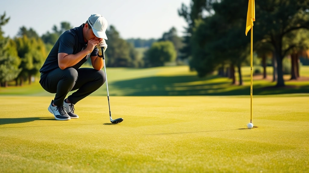 Golfer reading putting green and analyzing slope before putting, crouched position studying green contours, pristine golf course green with flag in cup, peaceful course setting