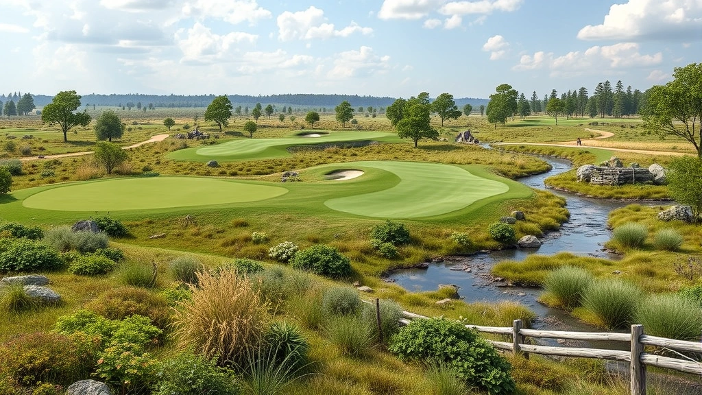 Environmental view of sustainable golf course design featuring native vegetation, wildlife habitat areas, and natural water drainage features integrated into course landscape