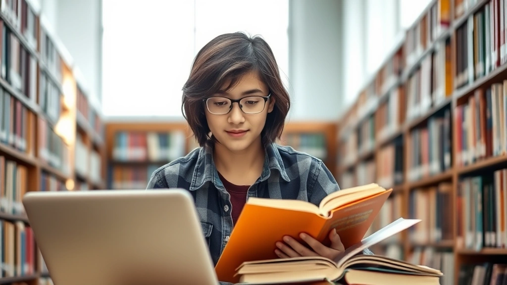 Student in library studying with textbooks and laptop, focused expression, natural lighting from windows, surrounded by shelves of books