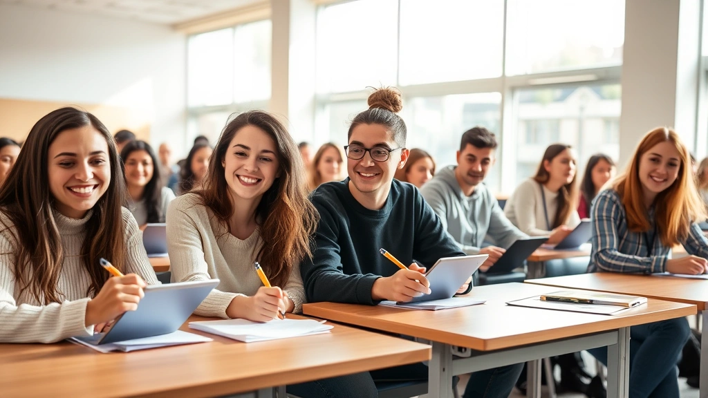 College students sitting at desks in a bright classroom, smiling while writing feedback comments on tablets and paper forms, natural sunlight streaming through large windows, diverse group of learners engaged in the evaluation process