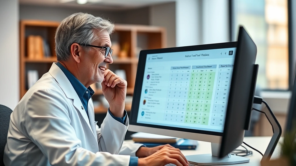 Professor reviewing student feedback data on a computer screen in an office, thoughtful expression while examining charts and ratings, modern educational setting with learning materials visible, professional and focused atmosphere