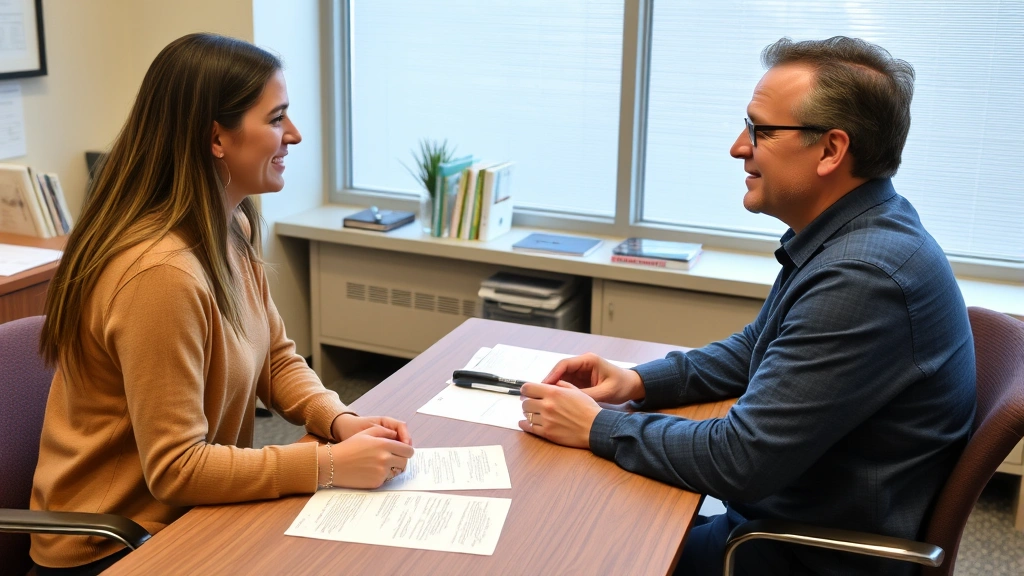 Student receiving feedback from instructor during office hours, papers on desk, warm supportive interaction, university office environment