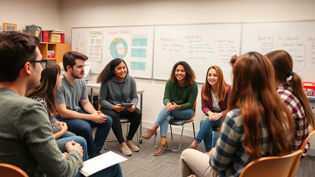 Group of students in a discussion circle sharing course feedback verbally during a learning session, engaged body language and collaborative energy, diverse classroom environment with whiteboards and educational resources visible in background