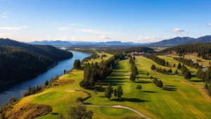 Aerial view of a scenic golf course with winding fairways beside a river, lush green grass, mature trees lining the course, and mountains visible in the distant background under blue sky with white clouds