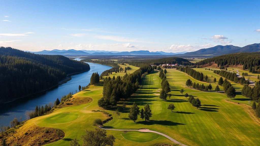 Aerial view of a scenic golf course with winding fairways beside a river, lush green grass, mature trees lining the course, and mountains visible in the distant background under blue sky with white clouds