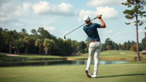 Professional golfer executing precise approach shot from fairway near water hazard, focused concentration, natural course setting with trees and green visible