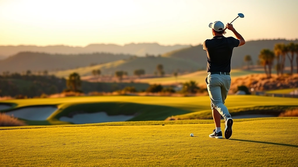 Professional golfer mid-swing on a championship golf course with manicured fairway, sand bunkers visible, natural landscaping, and beautiful landscape scenery in the background during golden hour lighting