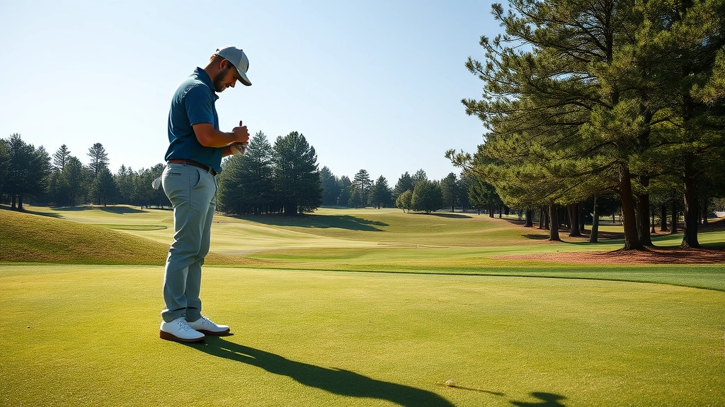 Golfer analyzing terrain and slope reading green complex before putting, studying contours and elevation changes, peaceful course environment with natural lighting