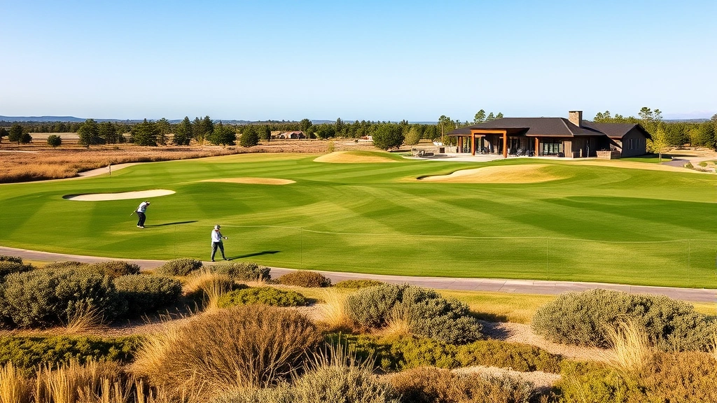 Wide landscape shot of a golf course clubhouse facility with modern architecture, practice range with golfers in the distance, well-maintained grounds, and natural vegetation surrounding the property